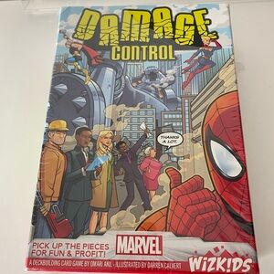 Marvel Damage Control Card Game with Red and Yellow Highlights